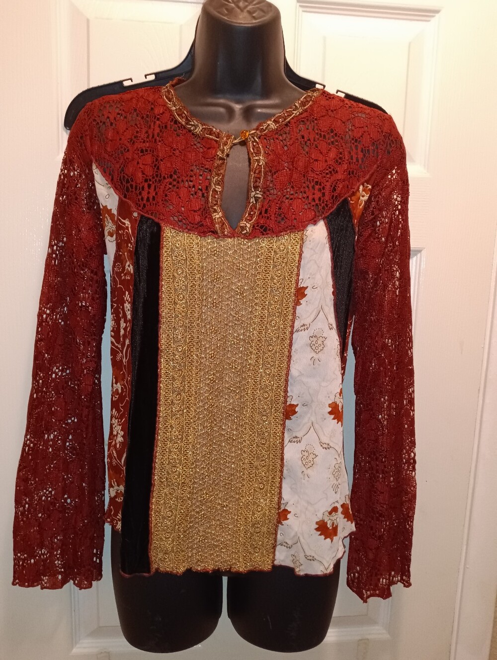 Hale Bob Vibtage Mixed-Media Lace Panel Top in Rust and Gold